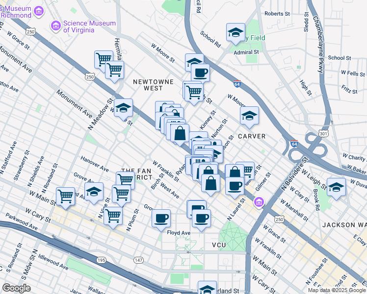 map of restaurants, bars, coffee shops, grocery stores, and more near in Richmond