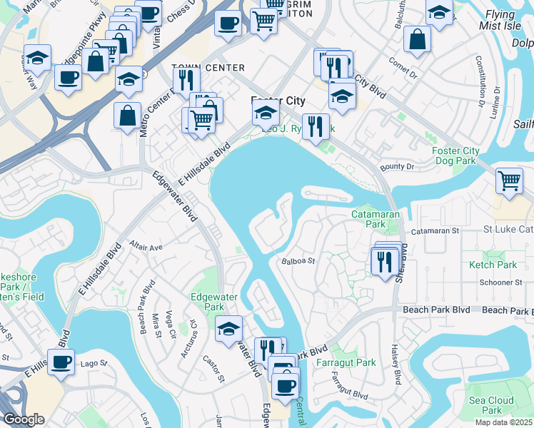 map of restaurants, bars, coffee shops, grocery stores, and more near 614 Portofino Lane in Foster City