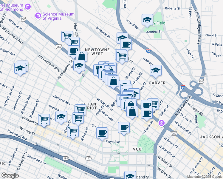 map of restaurants, bars, coffee shops, grocery stores, and more near 1339 West Broad Street in Richmond