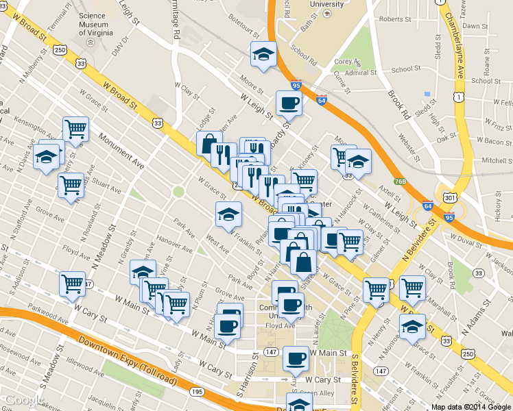 map of restaurants, bars, coffee shops, grocery stores, and more near 1339 West Broad Street in Richmond