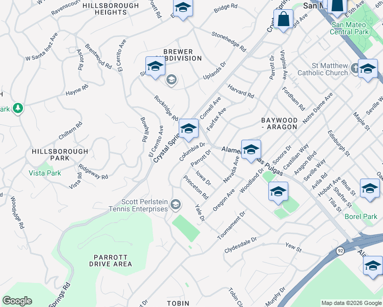 map of restaurants, bars, coffee shops, grocery stores, and more near 651 Columbia Drive in San Mateo