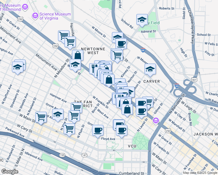 map of restaurants, bars, coffee shops, grocery stores, and more near 1333 West Broad Street in Richmond