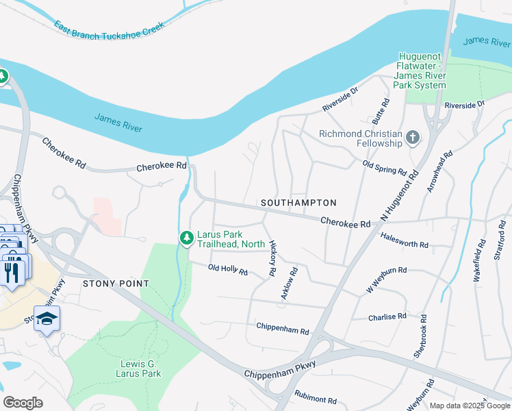 map of restaurants, bars, coffee shops, grocery stores, and more near 8920 Cherokee Road in Richmond