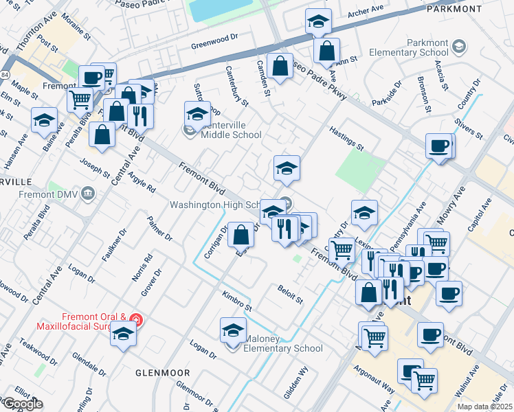 map of restaurants, bars, coffee shops, grocery stores, and more near 4085 Eggers Drive in Fremont
