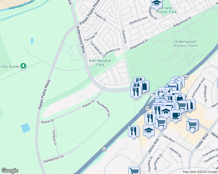 map of restaurants, bars, coffee shops, grocery stores, and more near 6108 Dumbarton Circle in Fremont