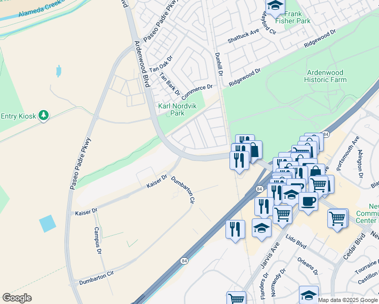 map of restaurants, bars, coffee shops, grocery stores, and more near 6108 Dumbarton Circle in Fremont