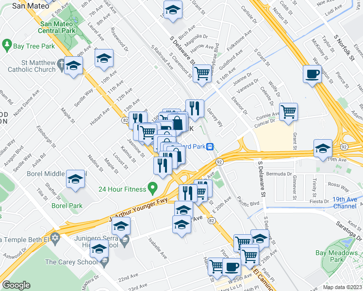 map of restaurants, bars, coffee shops, grocery stores, and more near 1739 Palm Avenue in San Mateo