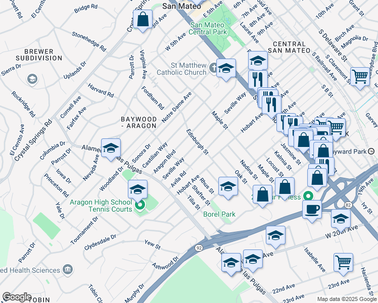 map of restaurants, bars, coffee shops, grocery stores, and more near 1019 Harvard Road in San Mateo
