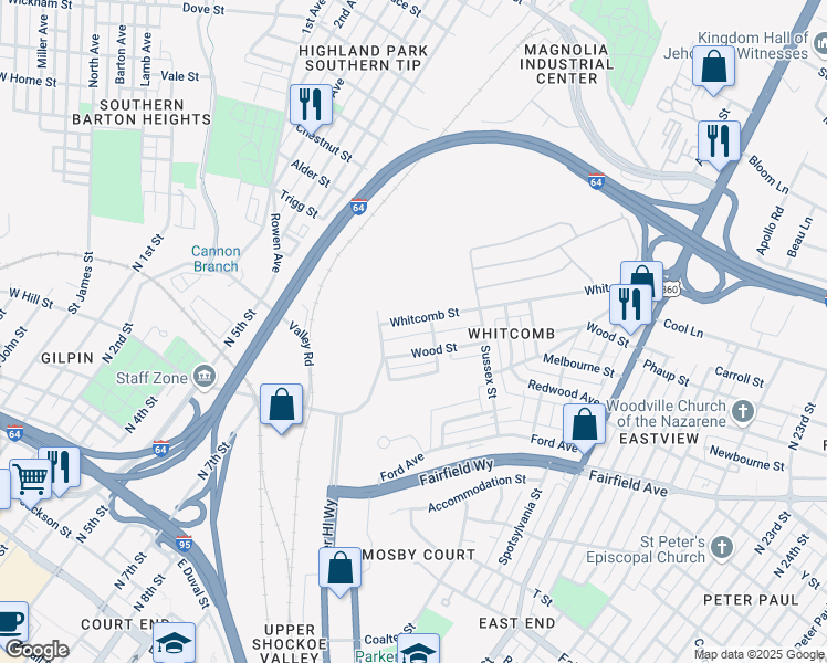 map of restaurants, bars, coffee shops, grocery stores, and more near 1916 Wood Street in Richmond
