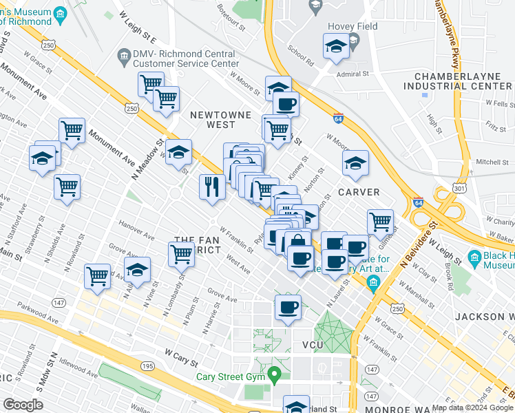 map of restaurants, bars, coffee shops, grocery stores, and more near 1115 West Grace Street in Richmond