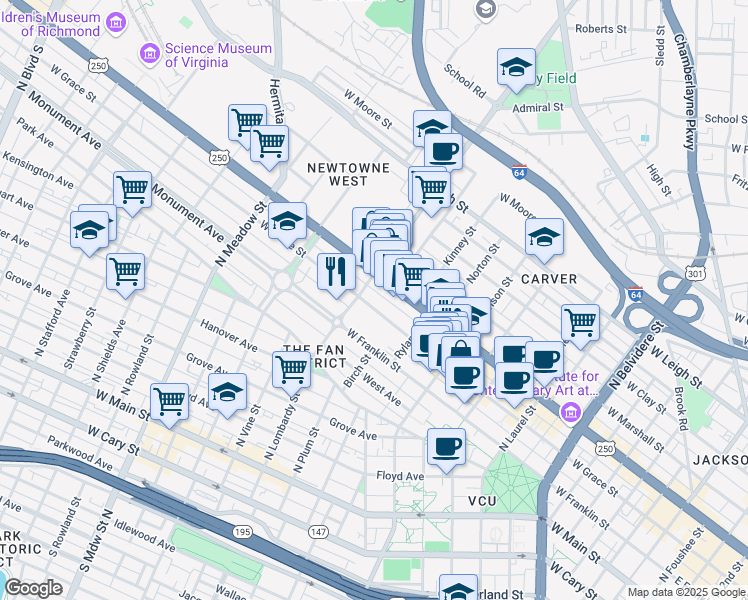 map of restaurants, bars, coffee shops, grocery stores, and more near 1115 West Grace Street in Richmond