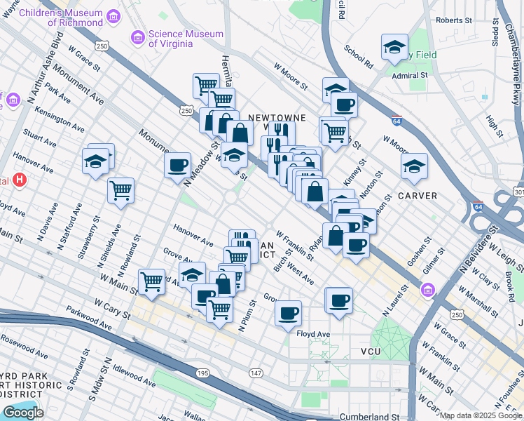 map of restaurants, bars, coffee shops, grocery stores, and more near 1609 Monument Avenue in Richmond