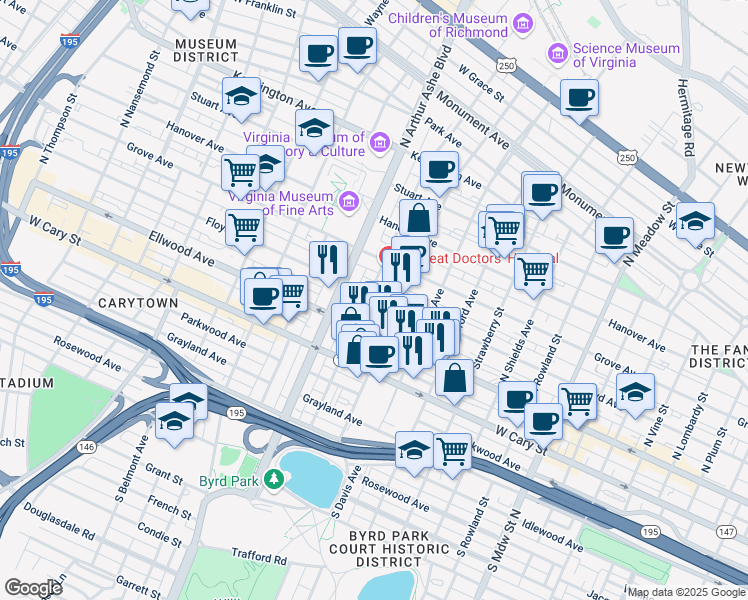 map of restaurants, bars, coffee shops, grocery stores, and more near 2610 West Main Street in Richmond
