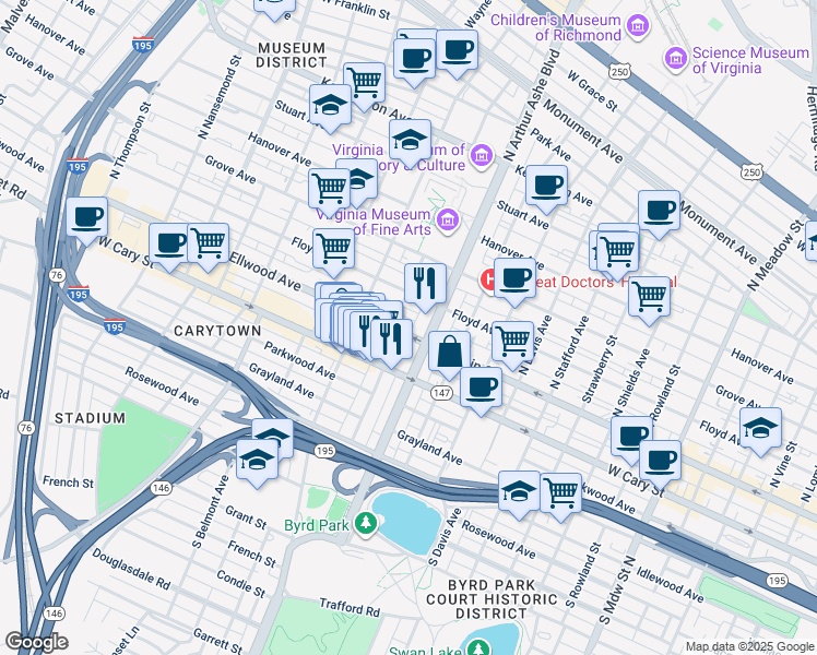 map of restaurants, bars, coffee shops, grocery stores, and more near 8 South Arthur Ashe Boulevard in Richmond