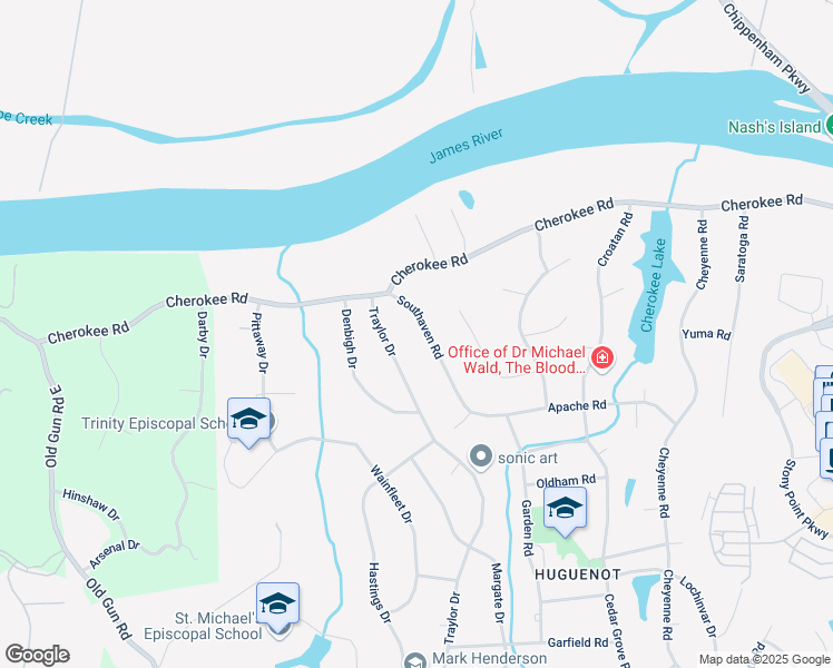 map of restaurants, bars, coffee shops, grocery stores, and more near 4200 Southaven Road in Richmond