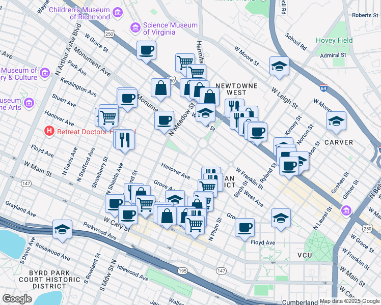 map of restaurants, bars, coffee shops, grocery stores, and more near 406 North Allen Avenue in Richmond