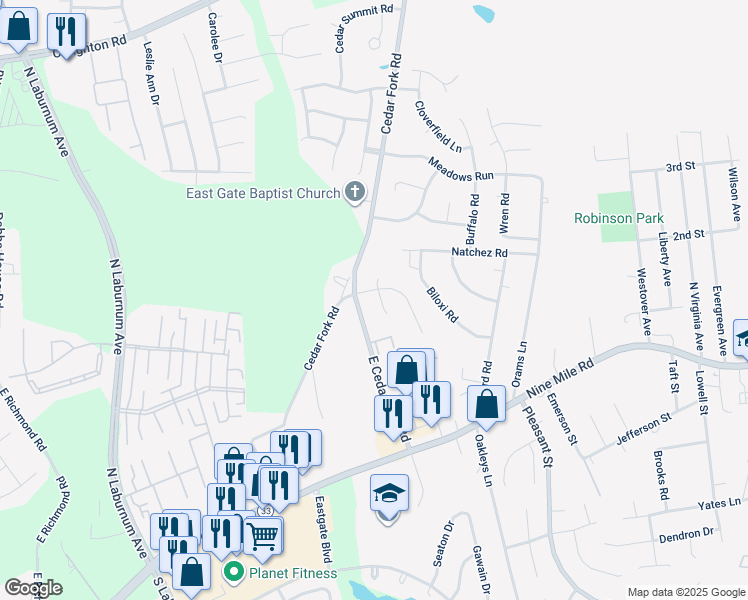 map of restaurants, bars, coffee shops, grocery stores, and more near 120 Post Cedar Court in Richmond