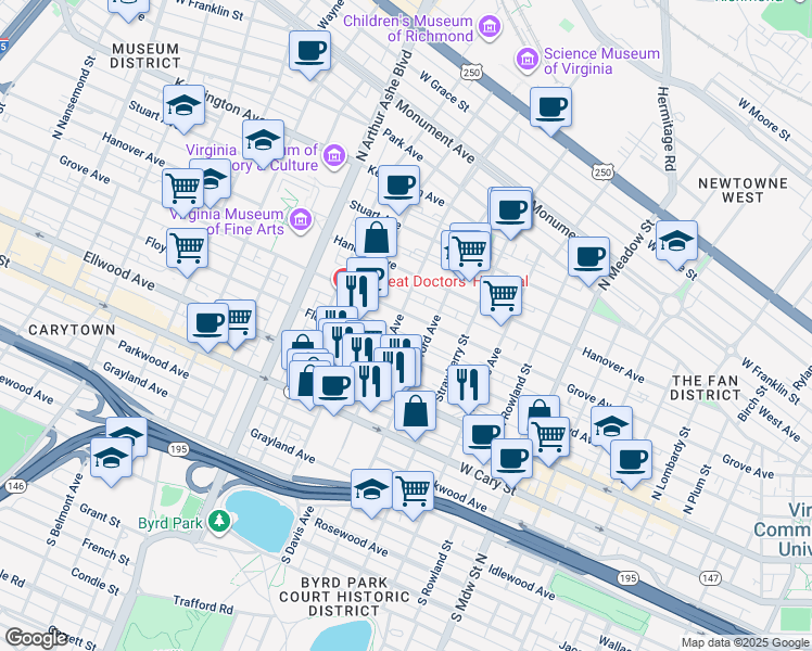 map of restaurants, bars, coffee shops, grocery stores, and more near 2419 Grove Avenue in Richmond