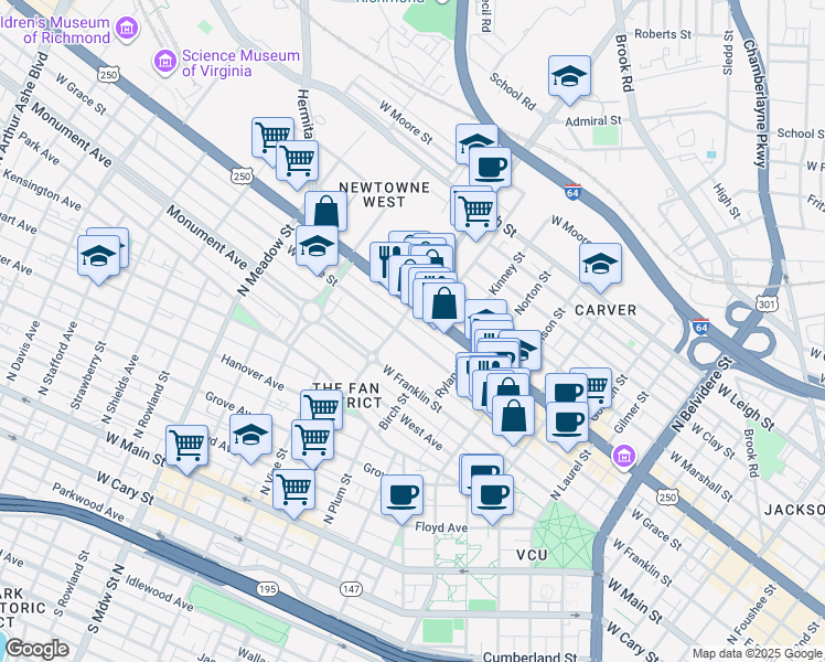 map of restaurants, bars, coffee shops, grocery stores, and more near 1115 West Grace Street in Richmond