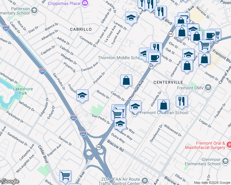 map of restaurants, bars, coffee shops, grocery stores, and more near 4714 Balboa Way in Fremont