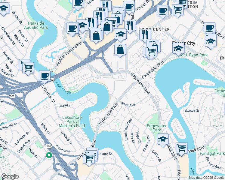 map of restaurants, bars, coffee shops, grocery stores, and more near 820 Sea Spray Lane in Foster City