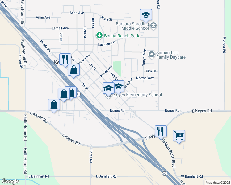 map of restaurants, bars, coffee shops, grocery stores, and more near 5709 9th Street in Keyes