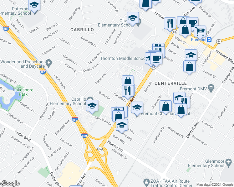 map of restaurants, bars, coffee shops, grocery stores, and more near 4714 Balboa Way in Fremont
