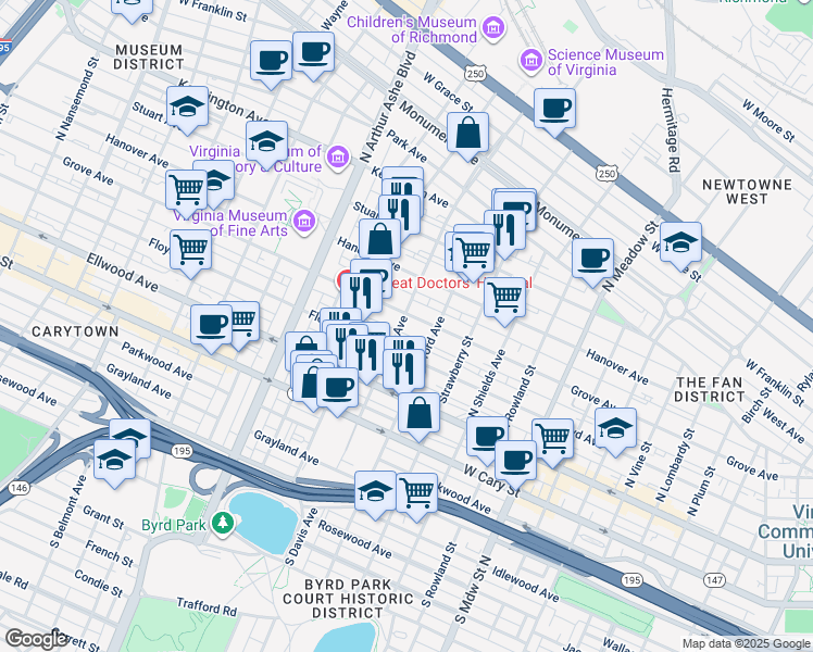 map of restaurants, bars, coffee shops, grocery stores, and more near 2423 Grove Avenue in Richmond