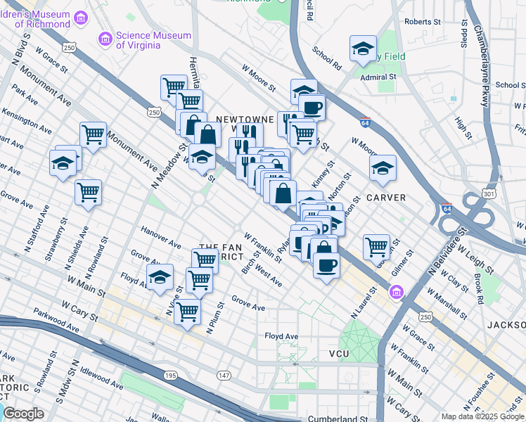 map of restaurants, bars, coffee shops, grocery stores, and more near 1140 West Grace Street in Richmond