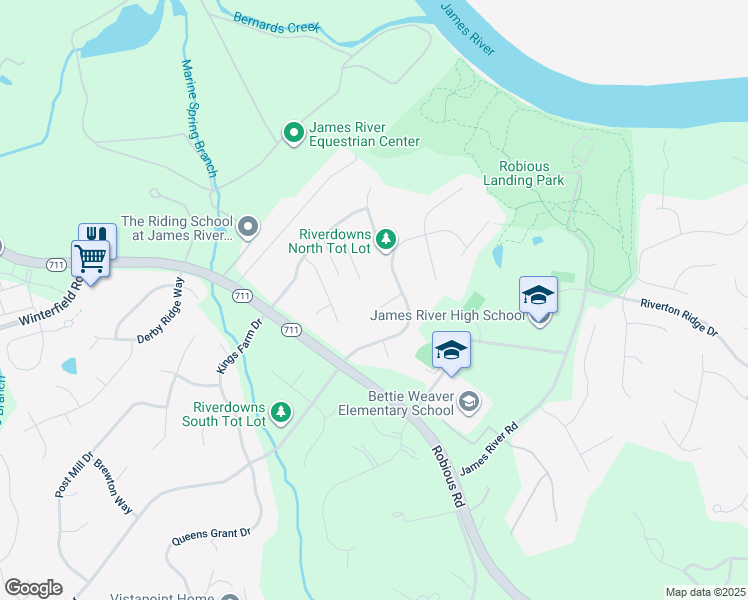 map of restaurants, bars, coffee shops, grocery stores, and more near 14012 Riverdowns North Mews in Midlothian