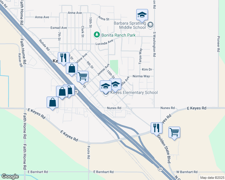 map of restaurants, bars, coffee shops, grocery stores, and more near 5709 9th Street in Keyes