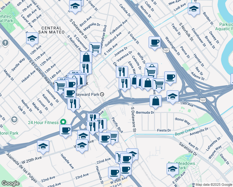 map of restaurants, bars, coffee shops, grocery stores, and more near 400 Concar Drive in San Mateo
