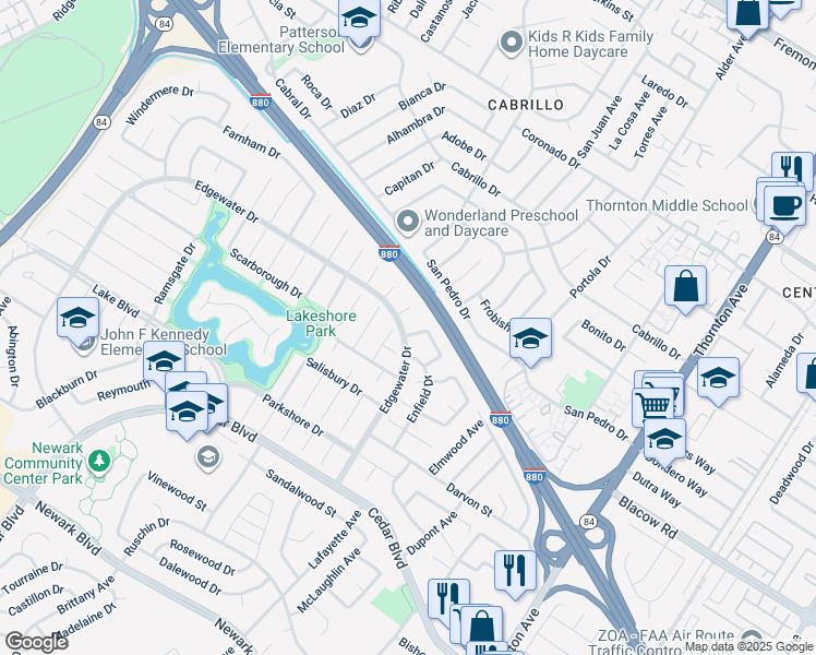 map of restaurants, bars, coffee shops, grocery stores, and more near 36202 Worthing Drive in Newark