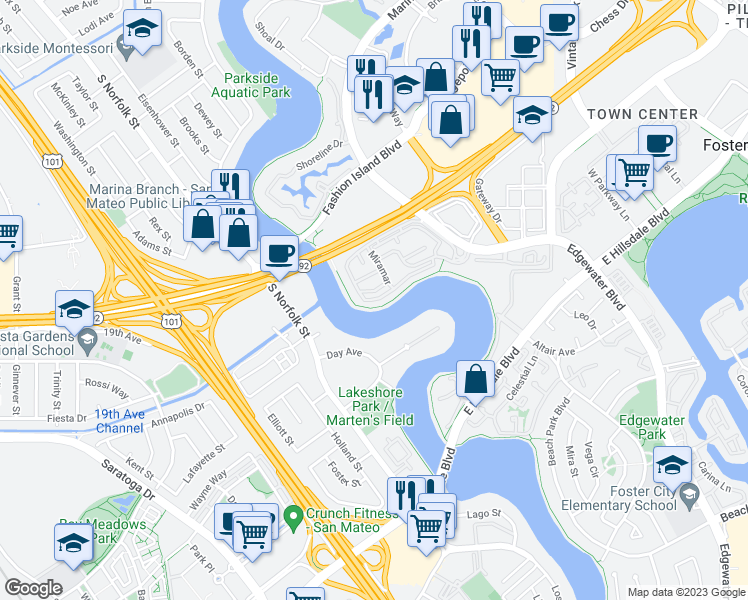 map of restaurants, bars, coffee shops, grocery stores, and more near 2081 Vista Del Mar in San Mateo