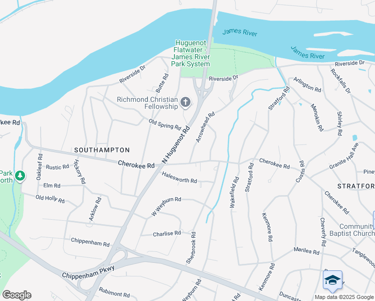 map of restaurants, bars, coffee shops, grocery stores, and more near 4300 Arrowhead Road in Richmond