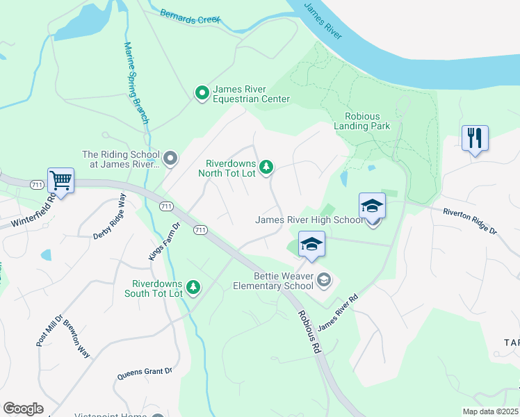 map of restaurants, bars, coffee shops, grocery stores, and more near 14012 Riverdowns North Mews in Midlothian