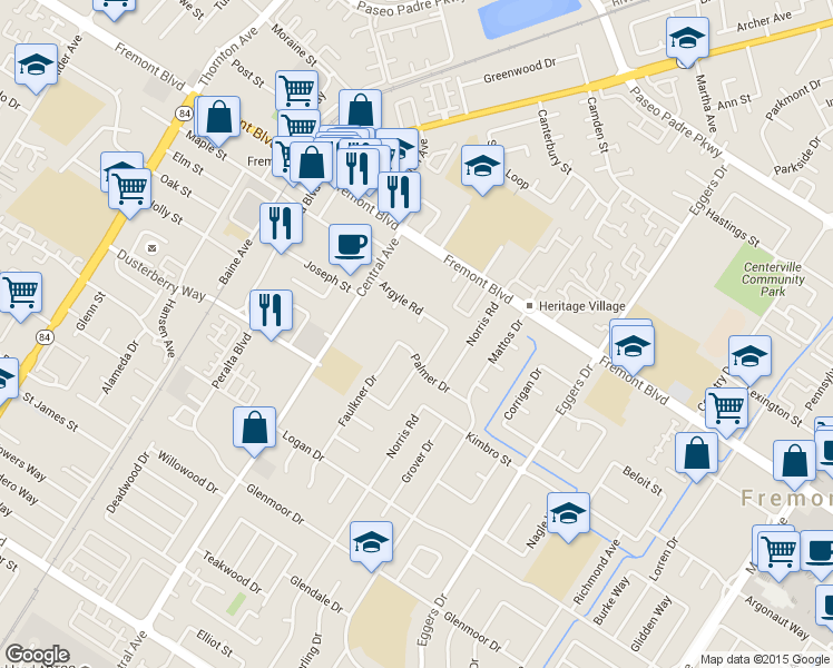 map of restaurants, bars, coffee shops, grocery stores, and more near 37836 Argyle Road in Fremont