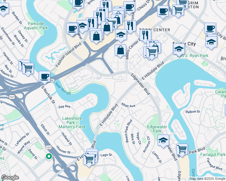 map of restaurants, bars, coffee shops, grocery stores, and more near 815 Sea Spray Lane in Foster City