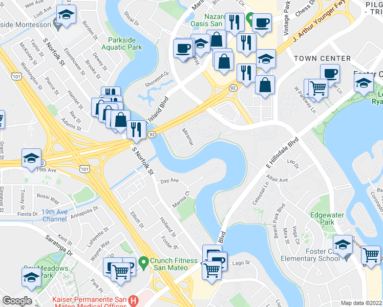 map of restaurants, bars, coffee shops, grocery stores, and more near 2200 Vista Del Mar in San Mateo