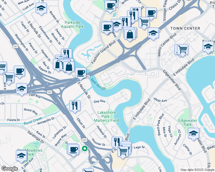 map of restaurants, bars, coffee shops, grocery stores, and more near 1402 Via Vista in San Mateo
