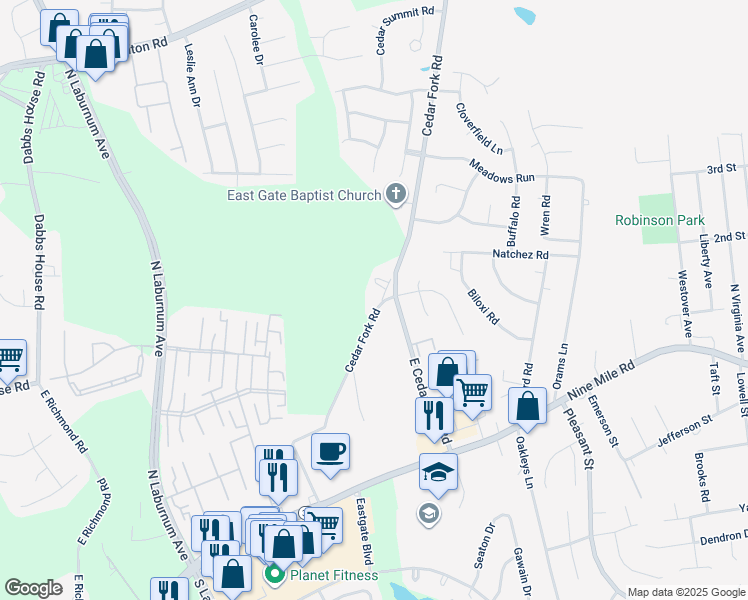 map of restaurants, bars, coffee shops, grocery stores, and more near 280 Cedar Fork Road in Richmond