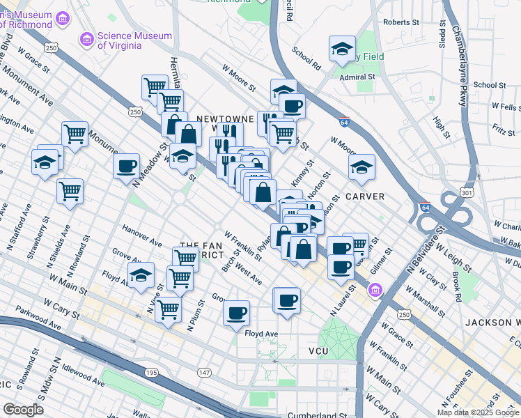 map of restaurants, bars, coffee shops, grocery stores, and more near 1343 West Broad Street in Richmond