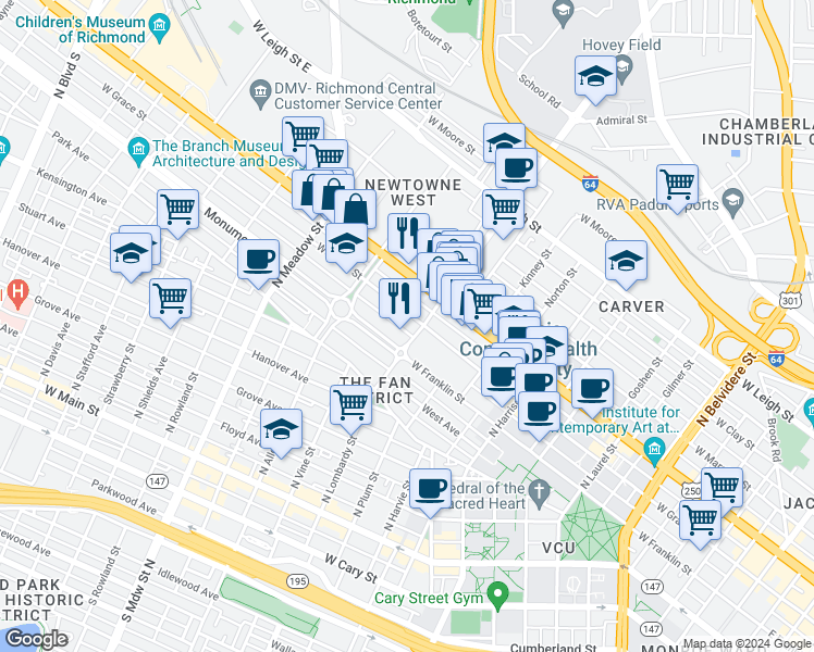 map of restaurants, bars, coffee shops, grocery stores, and more near in Richmond
