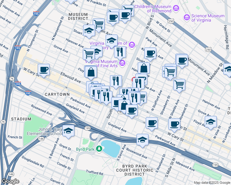 map of restaurants, bars, coffee shops, grocery stores, and more near 102 Virginia 161 in Richmond