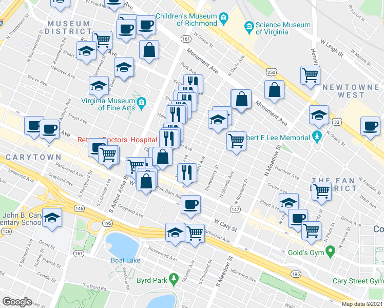 map of restaurants, bars, coffee shops, grocery stores, and more near 2419 Grove Avenue in Richmond