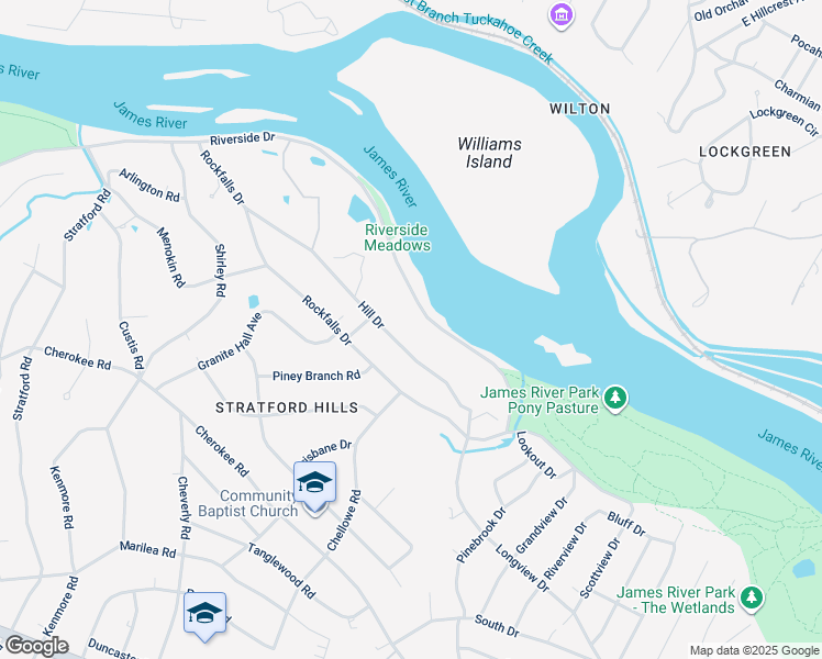 map of restaurants, bars, coffee shops, grocery stores, and more near 7501 Riverside Drive in Richmond