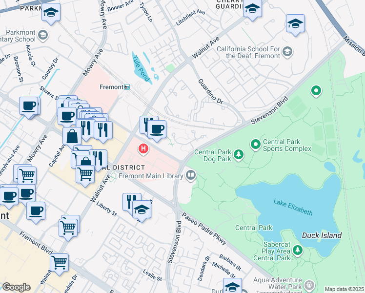 map of restaurants, bars, coffee shops, grocery stores, and more near 39455 Albany Common in Fremont