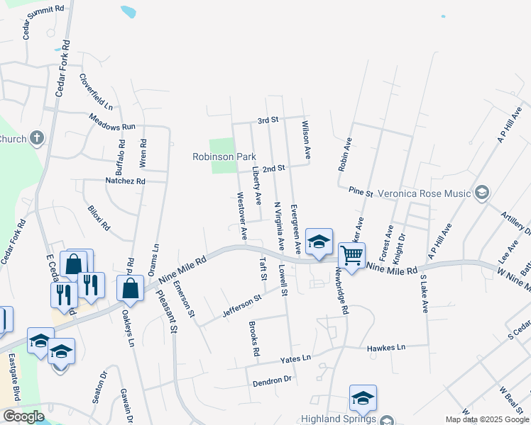 map of restaurants, bars, coffee shops, grocery stores, and more near 103 Liberty Avenue in Richmond
