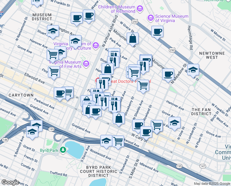 map of restaurants, bars, coffee shops, grocery stores, and more near 2423 Grove Avenue in Richmond