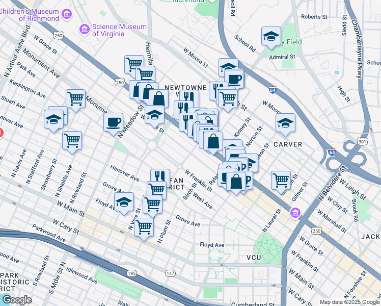 map of restaurants, bars, coffee shops, grocery stores, and more near 1600 West Grace Street in Richmond